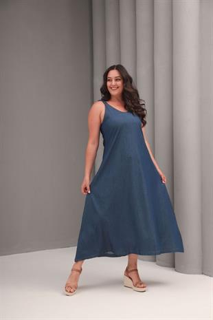 Büyük Beden Maxi Kot Elbise Lacivert