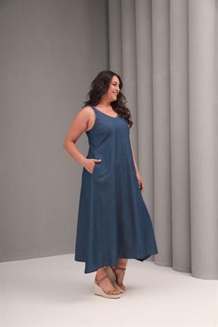 Büyük Beden Maxi Kot Elbise Lacivert