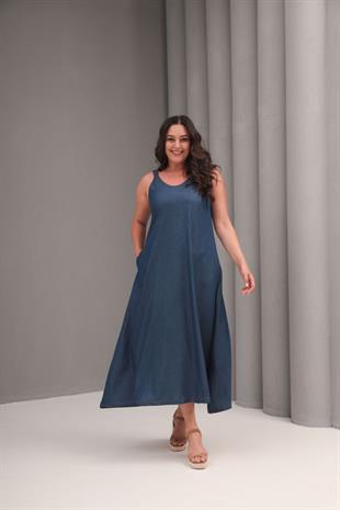 Büyük Beden Maxi Kot Elbise Lacivert