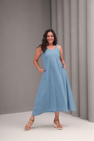 Büyük Beden Maxi Kot Elbise Mavi