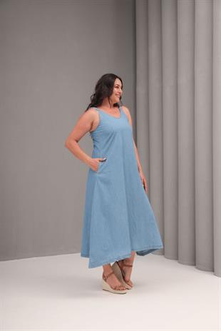 Büyük Beden Maxi Kot Elbise Mavi