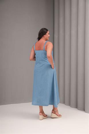 Büyük Beden Maxi Kot Elbise Mavi