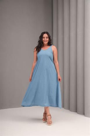 Büyük Beden Maxi Kot Elbise Mavi