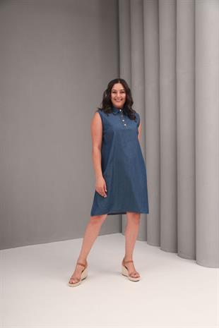 Büyük Beden Midi Boy Gömlek Yaka Kot Elbise Lacivert