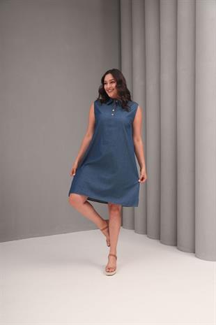 Büyük Beden Midi Boy Gömlek Yaka Kot Elbise Lacivert