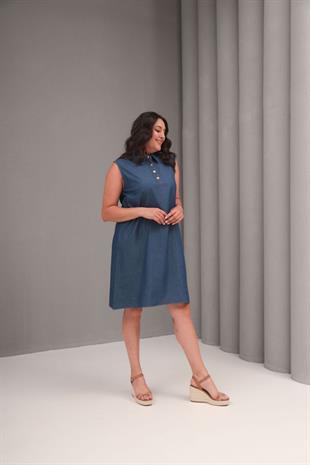 Büyük Beden Midi Boy Gömlek Yaka Kot Elbise Lacivert