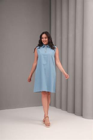 Büyük Beden Midi Boy Gömlek Yaka Kot Elbise Mavi