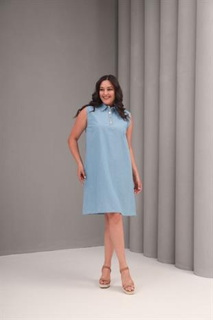 Büyük Beden Midi Boy Gömlek Yaka Kot Elbise Mavi