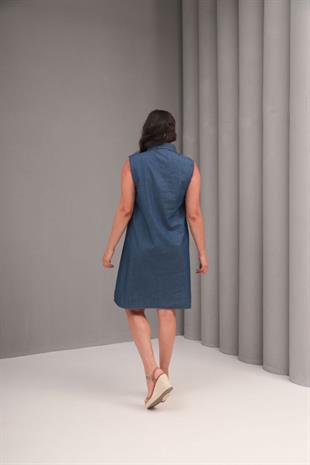 Büyük Beden Midi Boy Gömlek Yaka Kot Elbise Lacivert