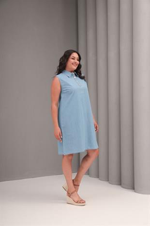 Büyük Beden Midi Boy Gömlek Yaka Kot Elbise Mavi