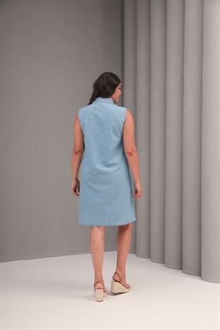 Büyük Beden Midi Boy Gömlek Yaka Kot Elbise Mavi