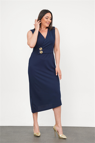 Büyük Beden Sıfır Kol Düğme Detay Abiye Lacivert