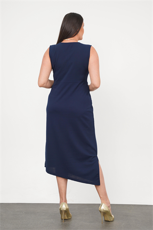 Büyük Beden Sıfır Kol Düğme Detay Abiye Lacivert