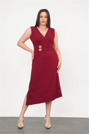 Büyük Beden Sıfır Kol Düğme Detay Abiye Bordo