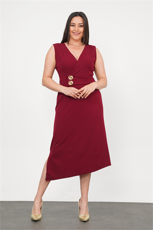 Büyük Beden Sıfır Kol Düğme Detay Abiye Bordo