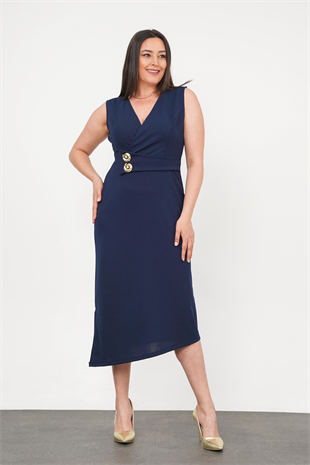 Büyük Beden Sıfır Kol Düğme Detay Abiye Lacivert