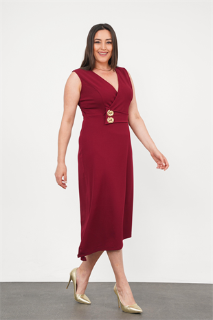 Büyük Beden Sıfır Kol Düğme Detay Abiye Bordo