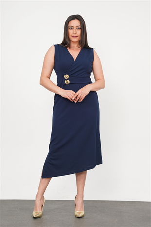 Büyük Beden Sıfır Kol Düğme Detay Abiye Lacivert