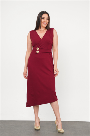 Büyük Beden Sıfır Kol Düğme Detay Abiye Bordo