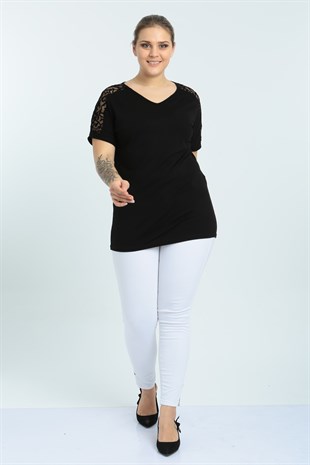 Kısa Kol V Yaka Osmanlı Desen Büyük Beden Siyah Bluz
