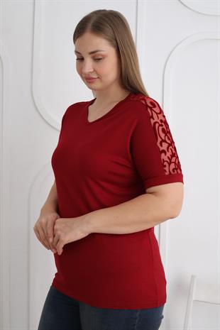 Kısa Kol V Yaka Osmanlı Desen Büyük Beden Bordo Bluz