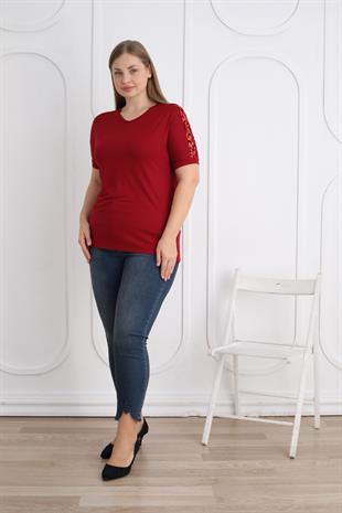 Kısa Kol V Yaka Osmanlı Desen Büyük Beden Bordo Bluz