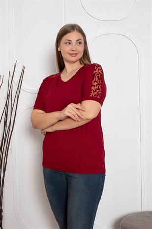 Kısa Kol V Yaka Osmanlı Desen Büyük Beden Bordo Bluz