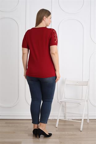 Kısa Kol V Yaka Osmanlı Desen Büyük Beden Bordo Bluz