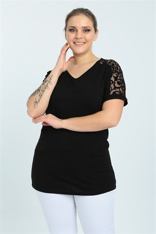 Kısa Kol V Yaka Osmanlı Desen Büyük Beden Siyah Bluz