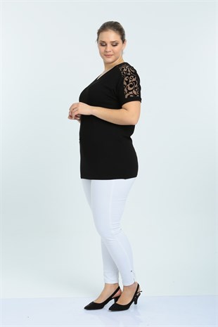 Kısa Kol V Yaka Osmanlı Desen Büyük Beden Siyah Bluz