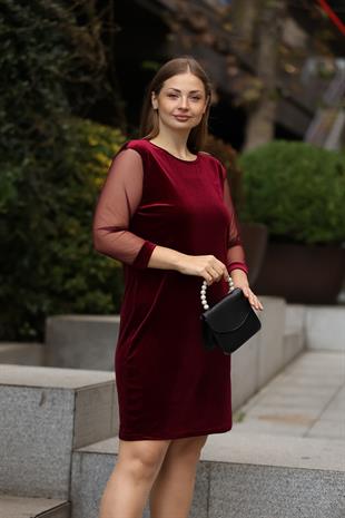 Kolları Tül Kadife Desen Bordo Elbise