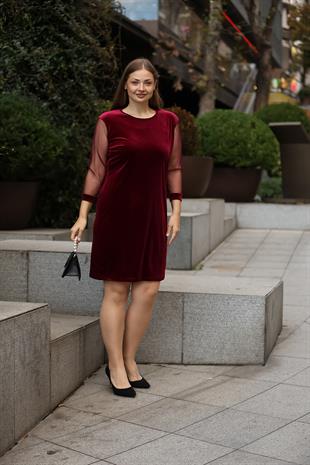 Kolları Tül Kadife Desen Bordo Elbise