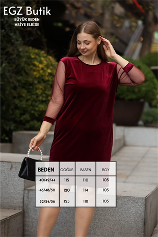 Kolları Tül Kadife Desen Bordo Elbise