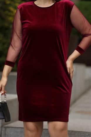Kolları Tül Kadife Desen Bordo Elbise
