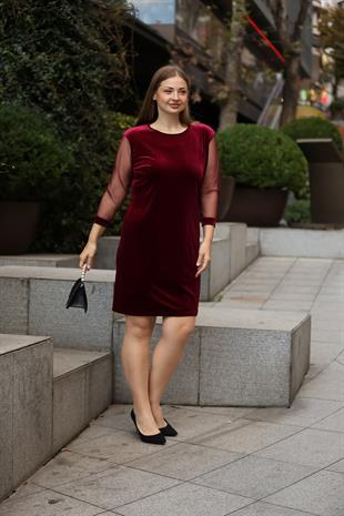 Kolları Tül Kadife Desen Bordo Elbise