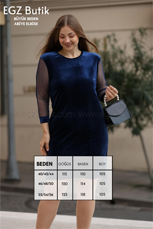 Kolları Tül Kadife Desen Lacivert Elbise