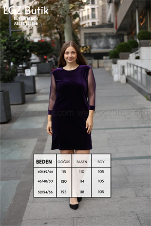 Kolları Tül Kadife Desen Mor Elbise