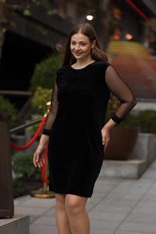 Kolları Tül Kadife Desen Siyah Elbise