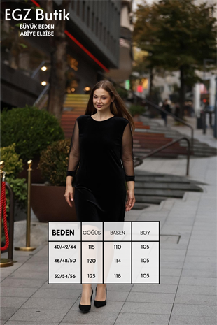 Kolları Tül Kadife Desen Siyah Elbise