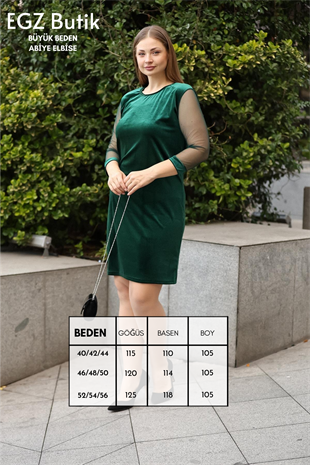 Kolları Tül Kadife Desen Zümrüt Yeşili Elbise
