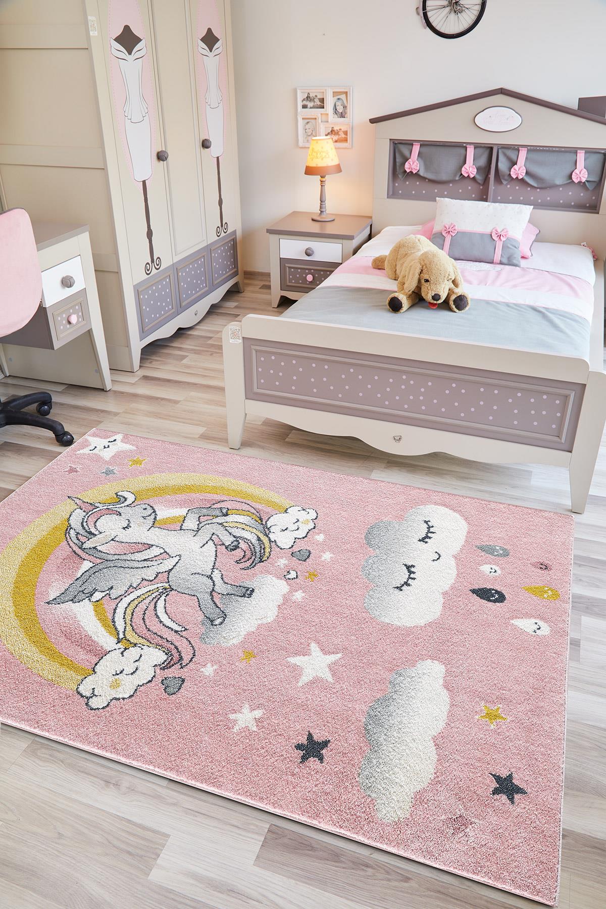KIDSKids Unicorn Desenli Açık Pembe  Beyaz Çocuk Odası Halısı Antialerjik Tozumaz Bebek Odası Halısı KDS-06