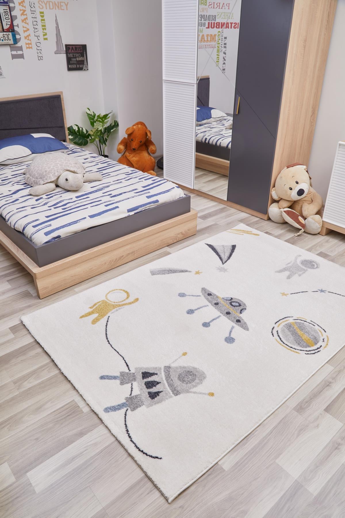 KIDSKids Uzay Desenli   Beyaz  Açık Gri Çocuk Odası Halısı Yumuşak Antialerjik Tozumaz Bebek Odası Halısı KDS-03