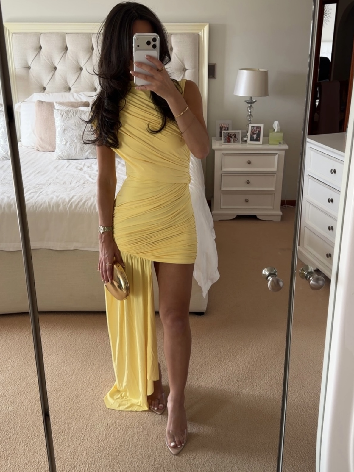 Asimetrik Drapeli Kuyruklu Elbise - Sarı