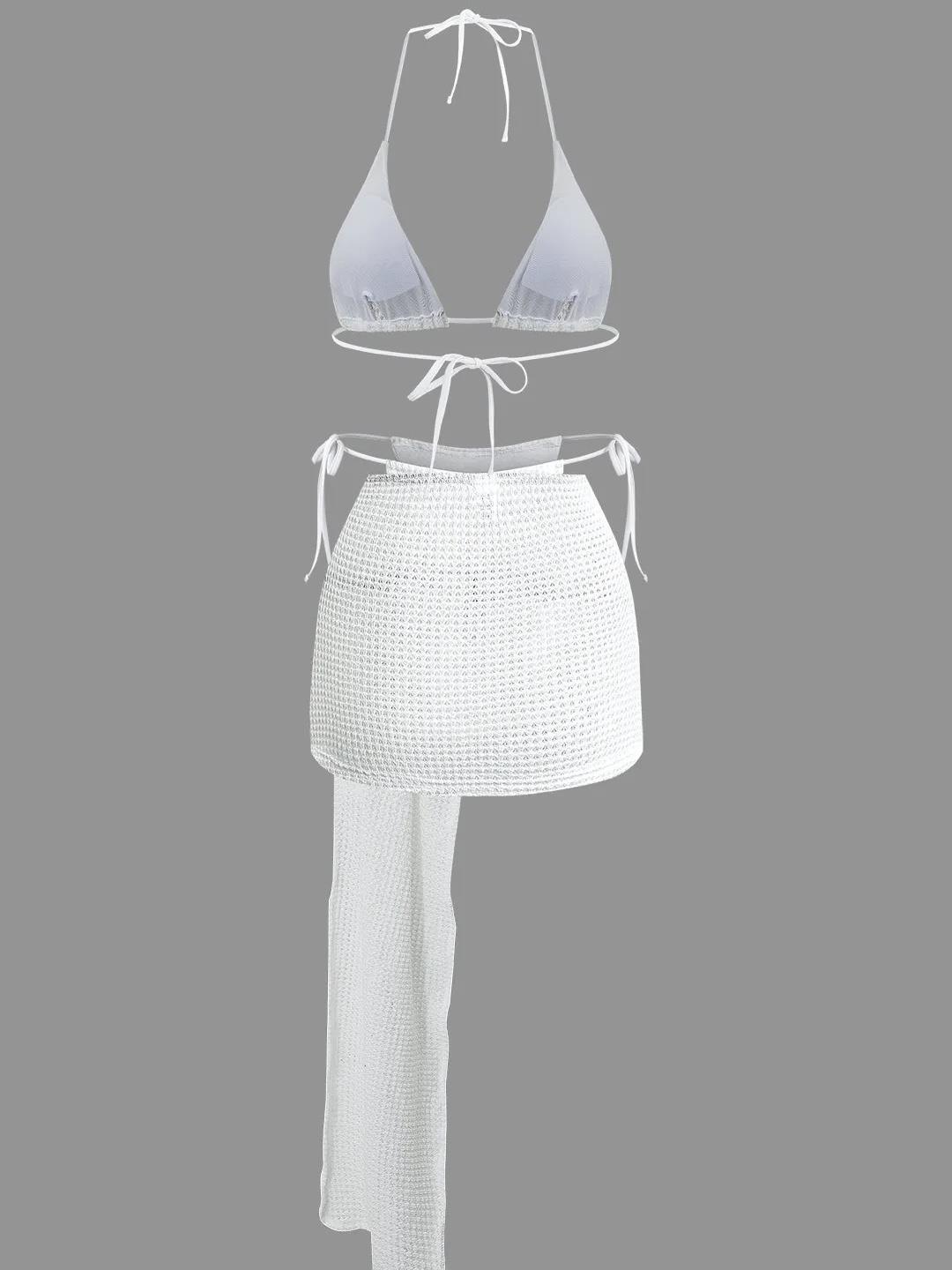 Beyaz Örgü Üçgen Bikini Takımı Ve Drapeli Pareo