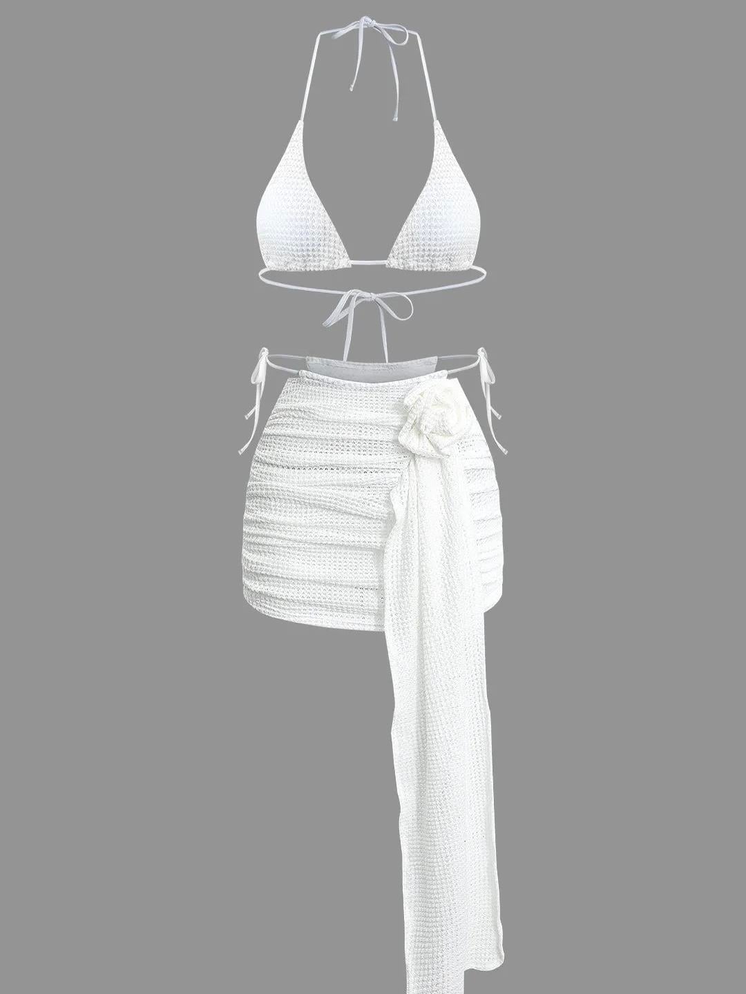 Beyaz Örgü Üçgen Bikini Takımı Ve Drapeli Pareo