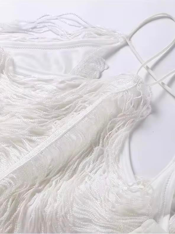 Beyaz Püskül Detaylı Mini Elbise