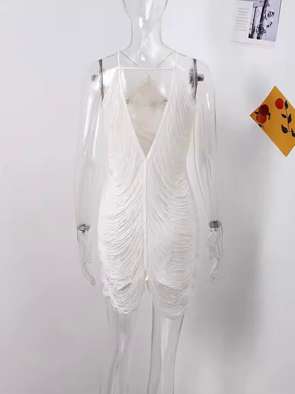 Beyaz Püskül Detaylı Mini Elbise