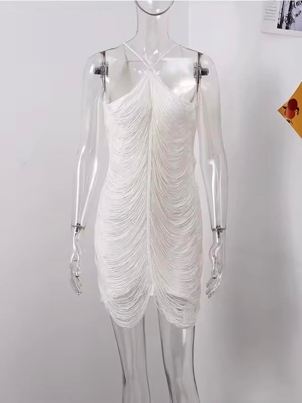 Beyaz Püskül Detaylı Mini Elbise