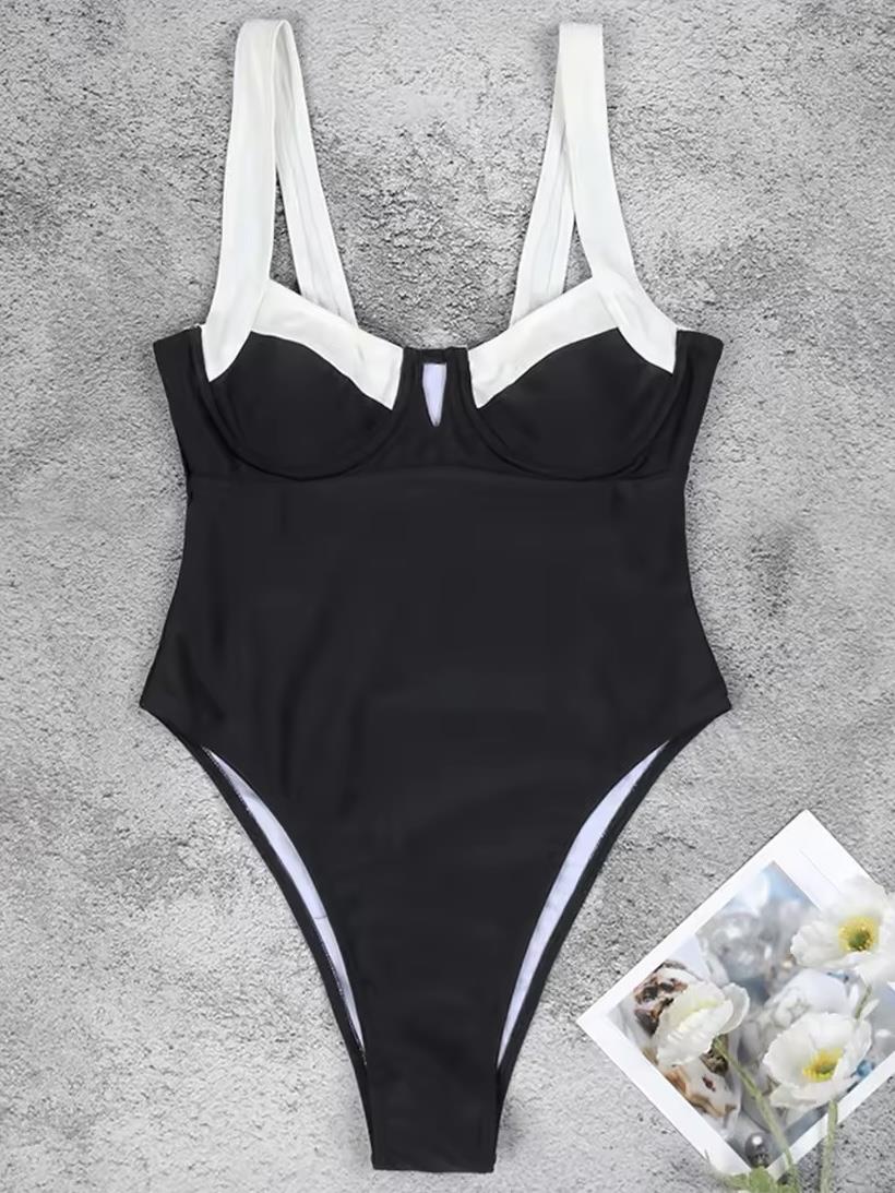 Beyaz Şerit Detaylı Siyah Mayo