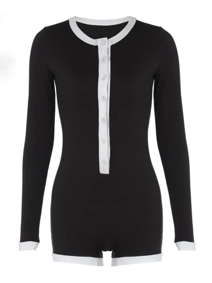 Beyaz Şeritli Düğme Detaylı Mini Tulum